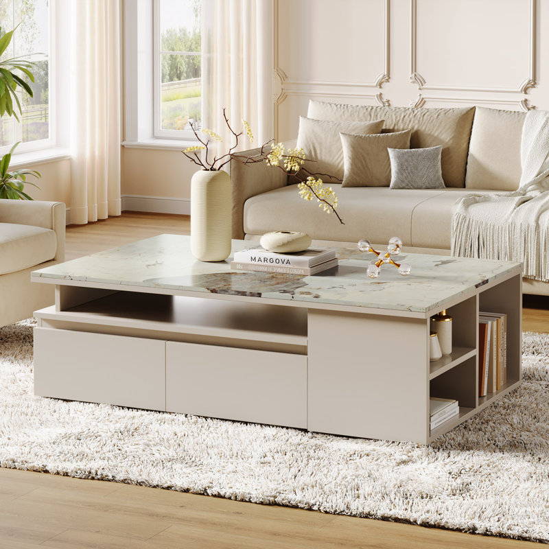 Ivy Bronx Modern Extendable Coffee Table With 4 Drawers & Storage Shelf, Center Table For Living ...